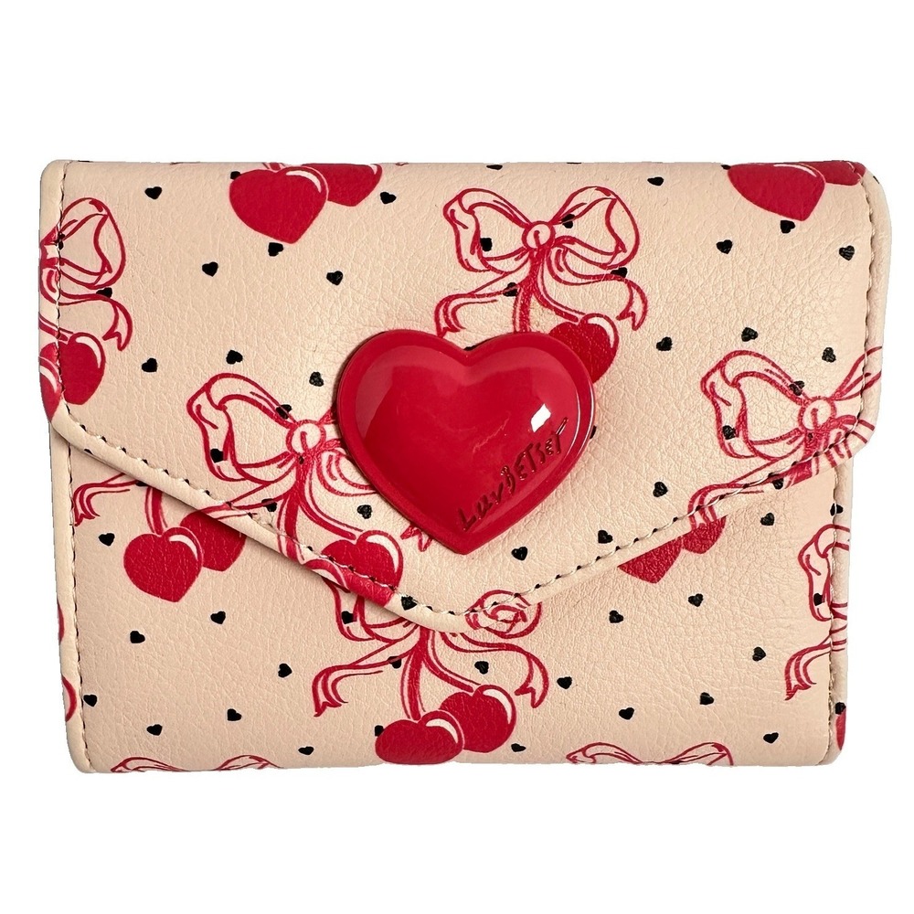 Betsey Johnson Cherry Bow Heart Snap Wallet Bifold Card Holder Pink Vegan‎
